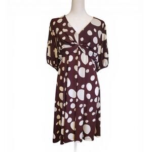 Vintage 90s Brown White Polka Dot Pattern V Neck A Line Knee Length Dress